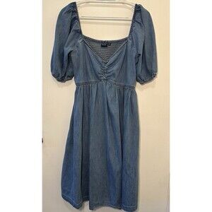 GAP Chambray Denim Smocked Midi Dress Puff Sleeves M Tall